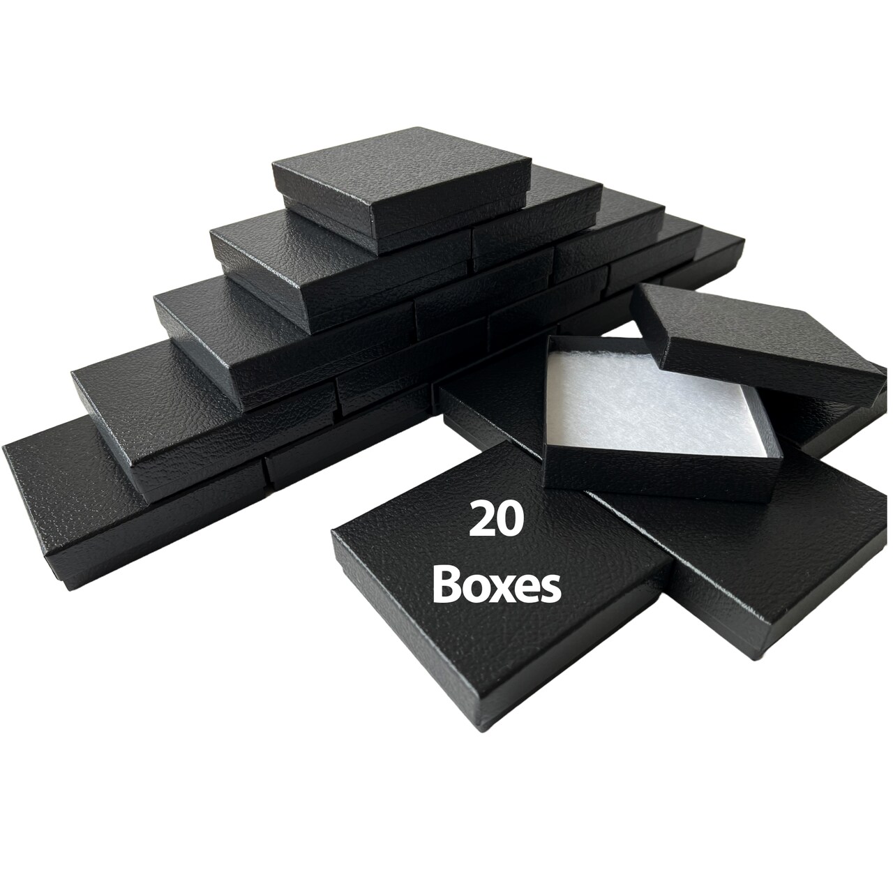 MADE IN USA - 20 Boxes - Black Embossed Jewelry Boxes with Cotton Filling - 3.5"x3.5"x7/8"